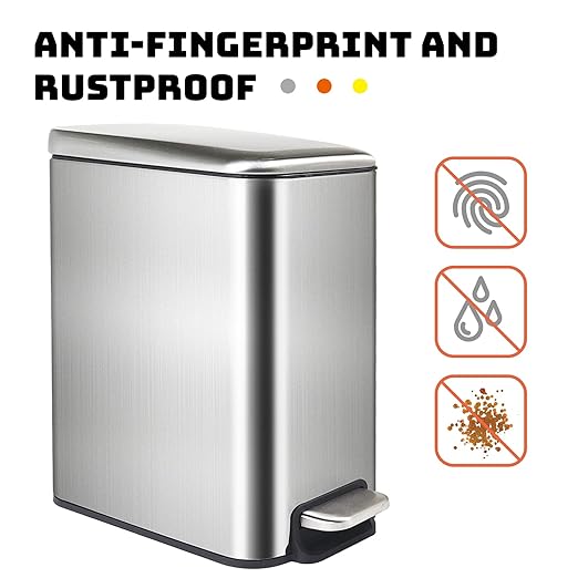TMTECH Coș de gunoi de baie din oțel inoxidabil cu capac cu închidere moale și coș de gunoi interior, coș de gunoi mic dreptunghiular subțire pentru dormitor, bucătărie, birou, periat anti-amprentă, 5L1.3Gal, argintiu, (TM)