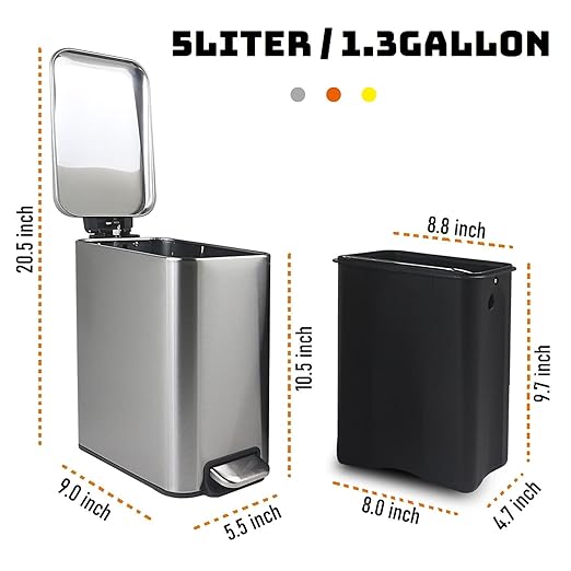 TMTECH Coș de gunoi de baie din oțel inoxidabil cu capac cu închidere moale și coș de gunoi interior, coș de gunoi mic dreptunghiular subțire pentru dormitor, bucătărie, birou, periat anti-amprentă, 5L1.3Gal, argintiu, (TM)