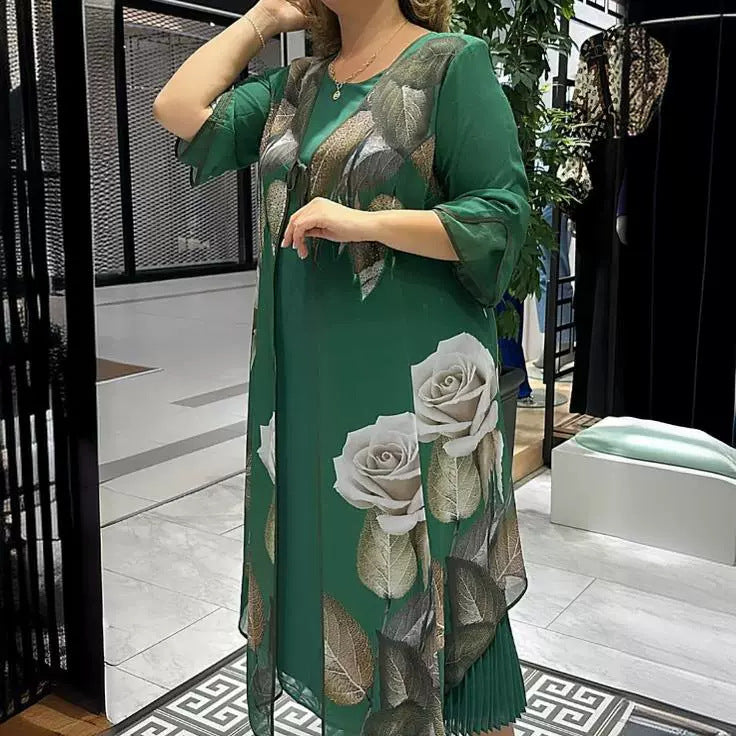 Transfrontalier 2024 Amazon Europei și americani de vară Nouă rochie casual Costum fals din două piese Imprimat Gât rotund Rochie lungă slim fit