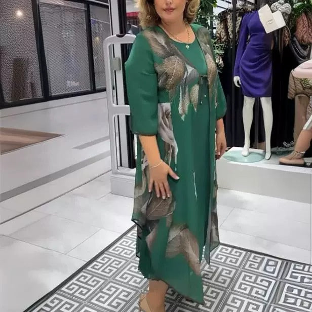 Transfrontalier 2024 Amazon Europei și americani de vară Nouă rochie casual Costum fals din două piese Imprimat Gât rotund Rochie lungă slim fit
