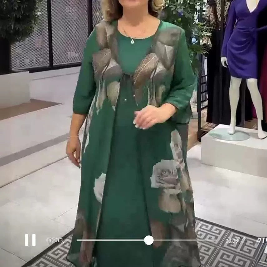 Transfrontalier 2024 Amazon Europei și americani de vară Nouă rochie casual Costum fals din două piese Imprimat Gât rotund Rochie lungă slim fit