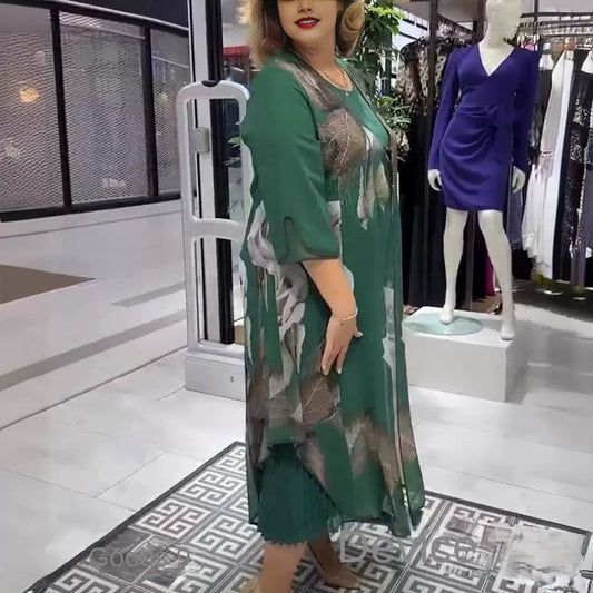 Transfrontalier 2024 Amazon Europei și americani de vară Nouă rochie casual Costum fals din două piese Imprimat Gât rotund Rochie lungă slim fit